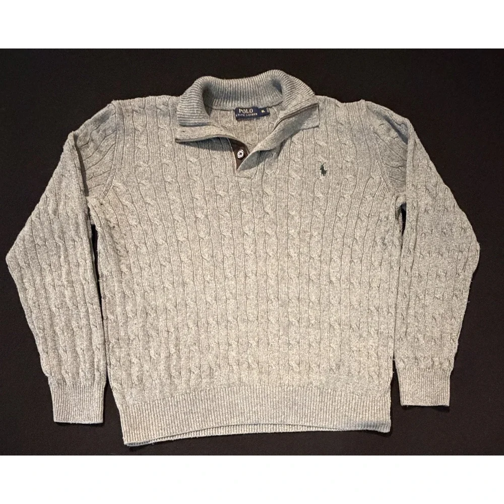 POLO RALPH LAUREN Tussah Silk Cable Knit Sweater 1/4 Button Sage Green Mens XL